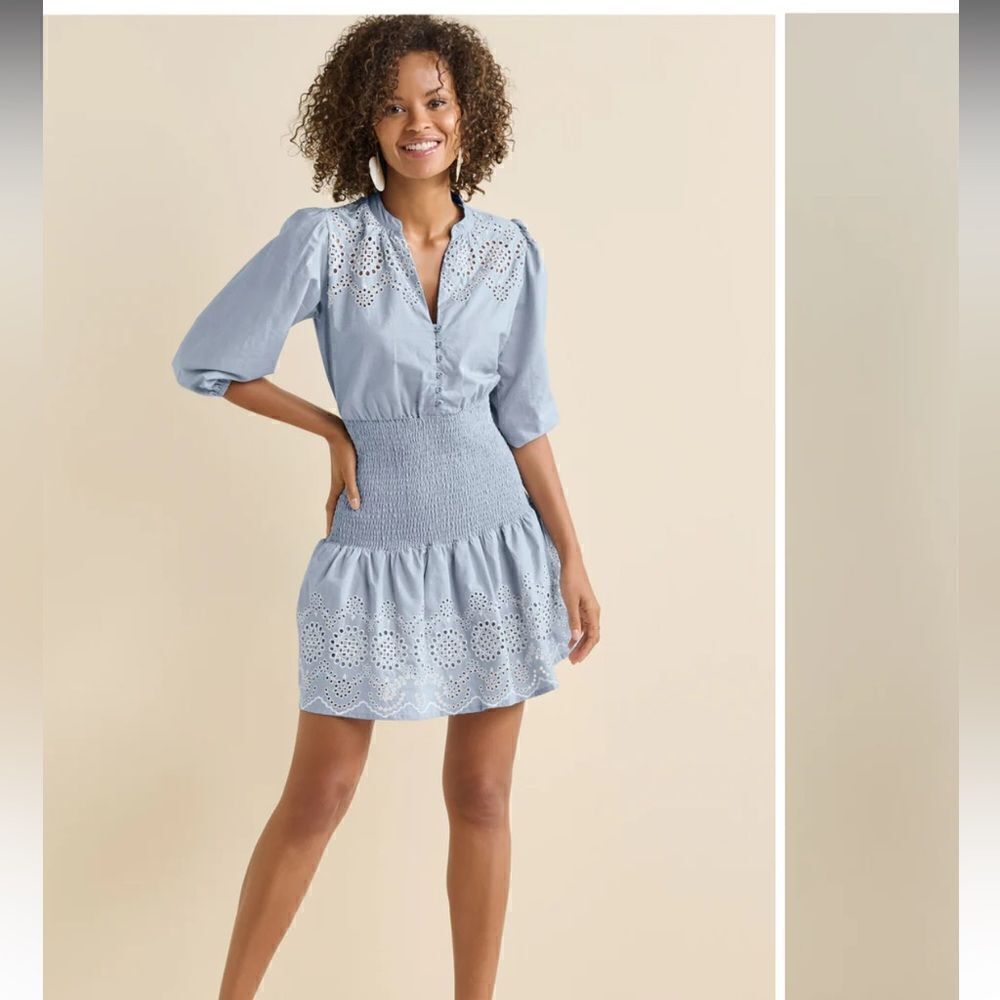 Venus blue eyelet smocked waist dress puff sleeve 4